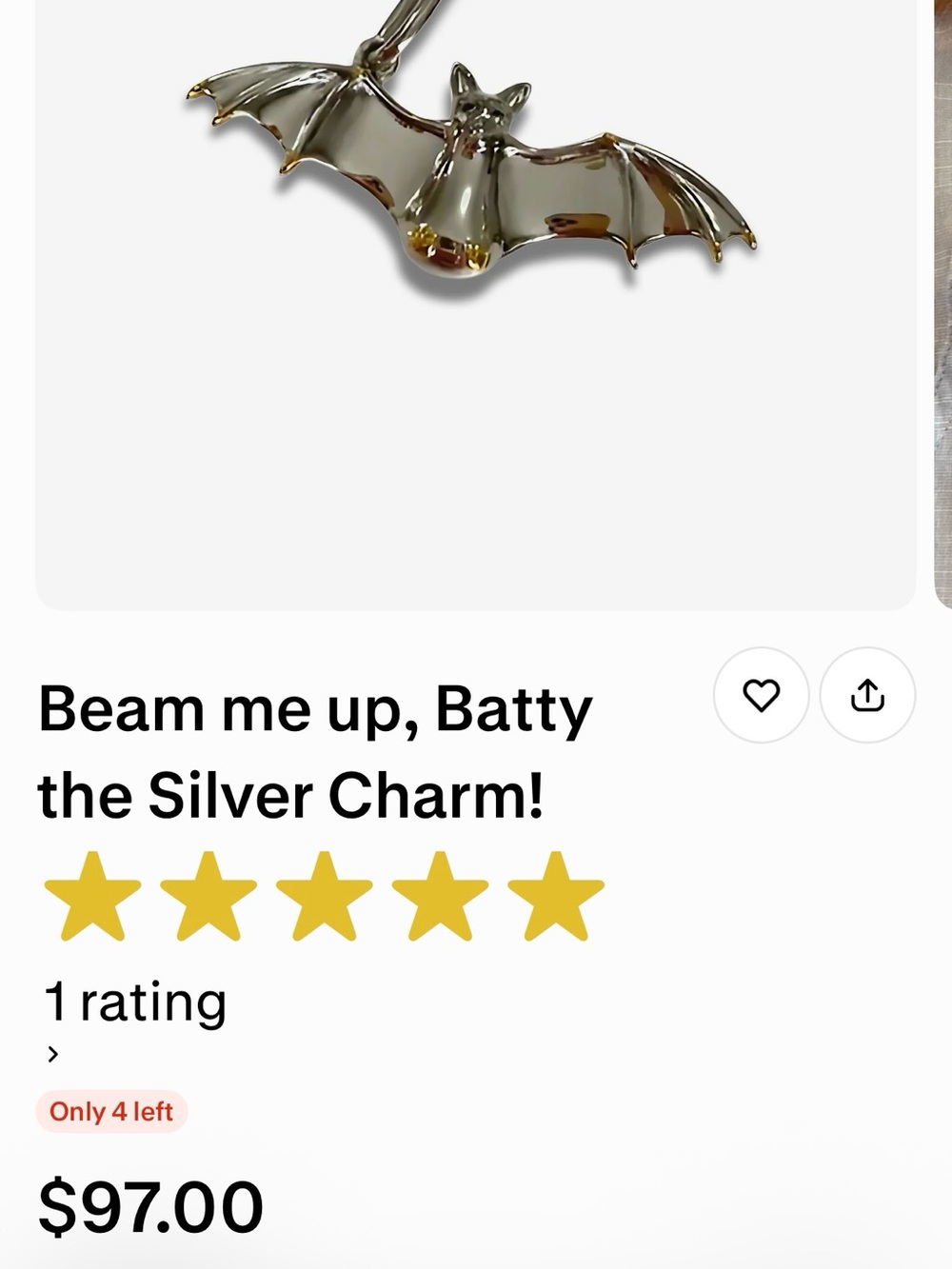 Sterling Silver Bat Charm and chain - Picture 8 of 9
